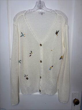 Vila Milano Ivory Floral-Embroidered Open Knit Cardigan Dainty Coquette L